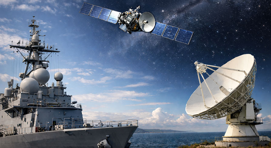 Naval ship with radar equipment at sea, a satellite in orbit overhead, and a large ground-based satellite dish, illustrating communications across sea, space, and land.