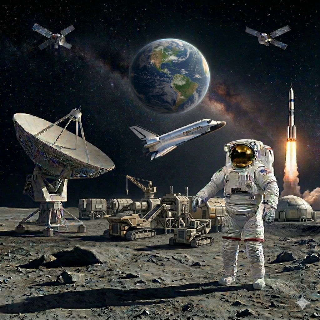 Astronaut standing on a moon-like surface near a base with antennas, rovers, and habitats, while Earth hangs in the sky above; satellites orbit overhead, a space shuttle flies by, and a rocket launches in the distance.